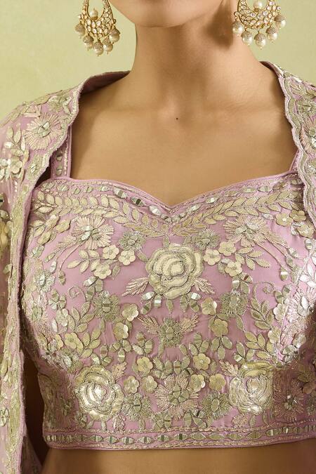Buy_SUHINO_Purple Organza, Cotton Mirrors, Gota Gardenia Embroidered Cape And Lehenga Set_Online_at_Aza_Fashions