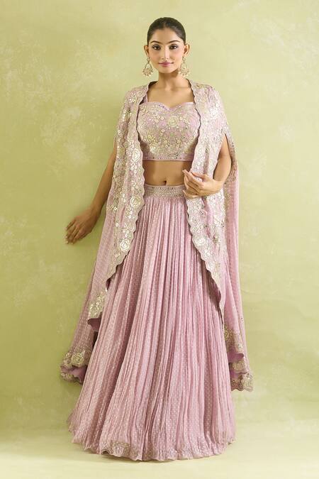 SUHINO_Purple Organza, Cotton Mirrors, Gota Gardenia Embroidered Cape And Lehenga Set_at_Aza_Fashions