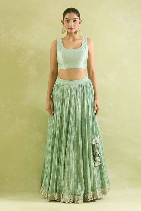 SUHINO_Green Organza, Silk, Cotton Mirrors, Zari Aqua Embroidered Lehenga Set_Online_at_Aza_Fashions