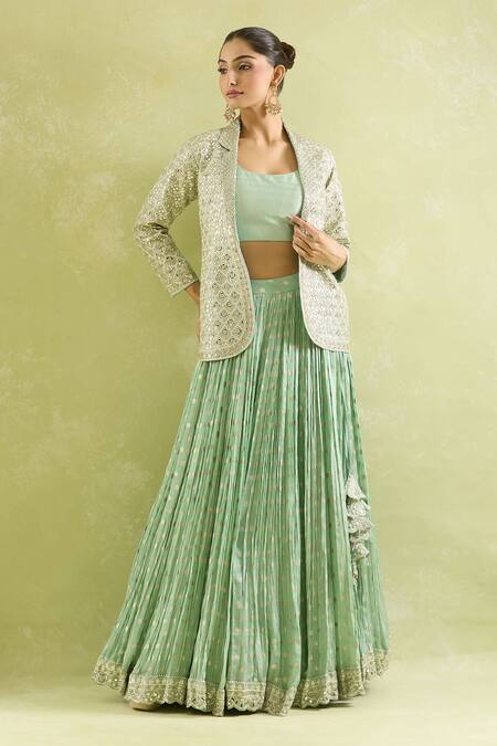 Shop_SUHINO_Green Organza, Silk, Cotton Mirrors, Zari Aqua Embroidered Lehenga Set_Online_at_Aza_Fashions