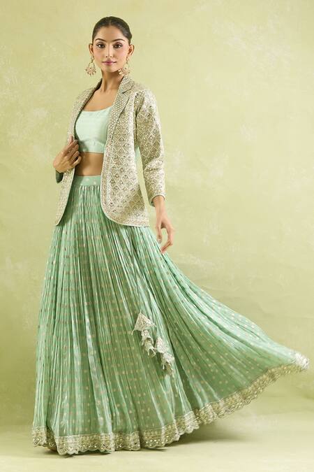 SUHINO_Green Organza, Silk, Cotton Mirrors, Zari Aqua Embroidered Lehenga Set_at_Aza_Fashions