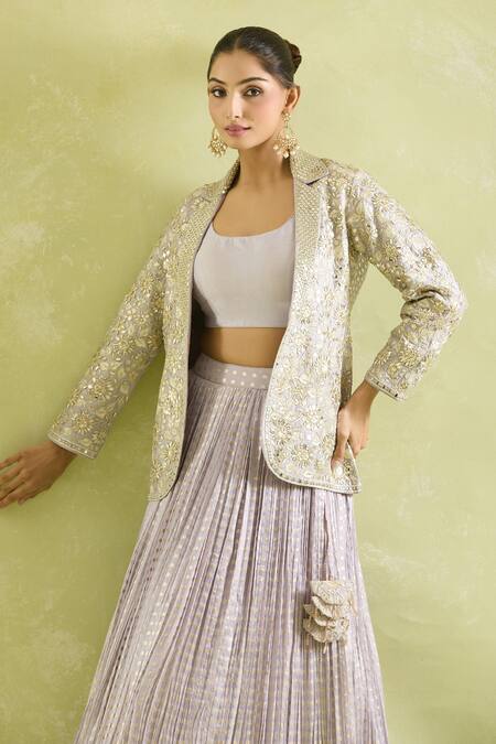 Buy_SUHINO_Lavender Organza, Silk, Cotton Zari, Floral Embroidered Blazer And Lehenga Set_Online_at_Aza_Fashions