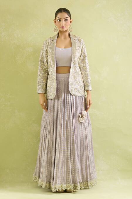 Shop_SUHINO_Lavender Organza, Silk, Cotton Zari, Floral Embroidered Blazer And Lehenga Set_Online_at_Aza_Fashions