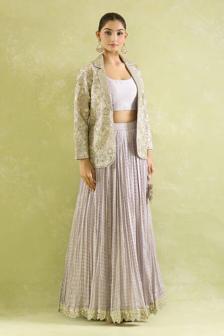 SUHINO_Lavender Organza, Silk, Cotton Zari, Floral Embroidered Blazer And Lehenga Set_at_Aza_Fashions
