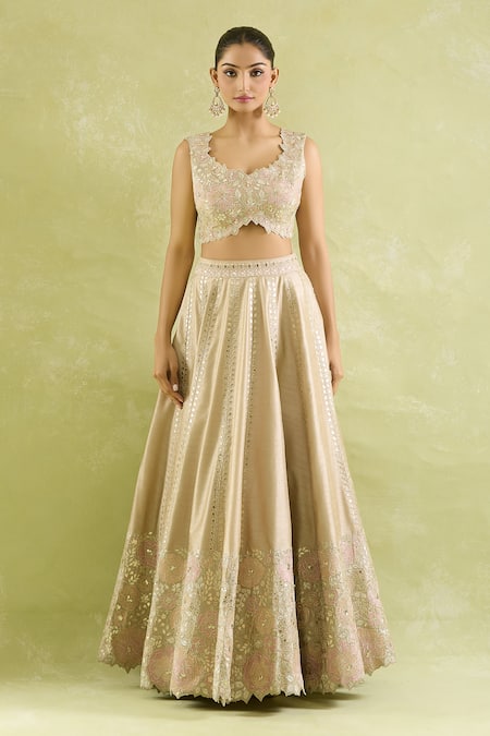 Buy_SUHINO_Beige Silk, Organza Zari, Mirrors, Embroidery Choker Bloom Vine Lehenga Set _Online_at_Aza_Fashions
