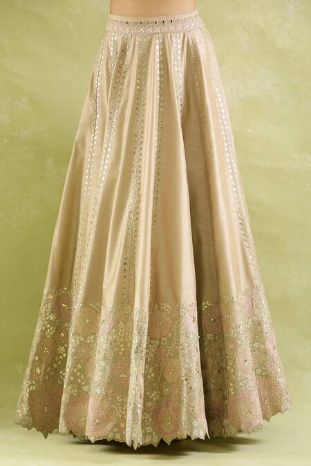 Shop_SUHINO_Beige Silk, Organza Zari, Mirrors, Embroidery Choker Bloom Vine Lehenga Set _Online_at_Aza_Fashions