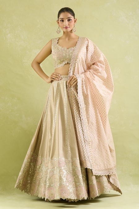 SUHINO_Beige Silk, Organza Zari, Mirrors, Embroidery Choker Bloom Vine Lehenga Set _at_Aza_Fashions