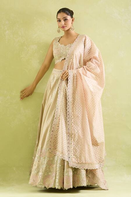 Buy_SUHINO_Beige Silk, Organza Zari, Mirrors, Embroidery Choker Bloom Vine Lehenga Set 