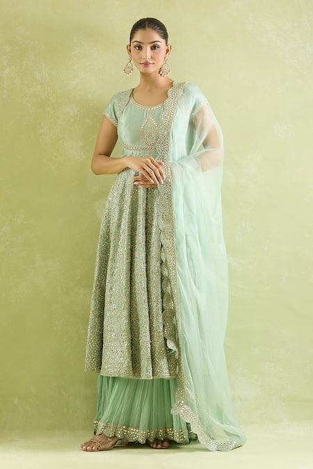 SUHINO_Aqua Organza, Georgette, Silk Mirrors Round Neck Bloom Jaal Anarkali Sharara Set _Online_at_Aza_Fashions