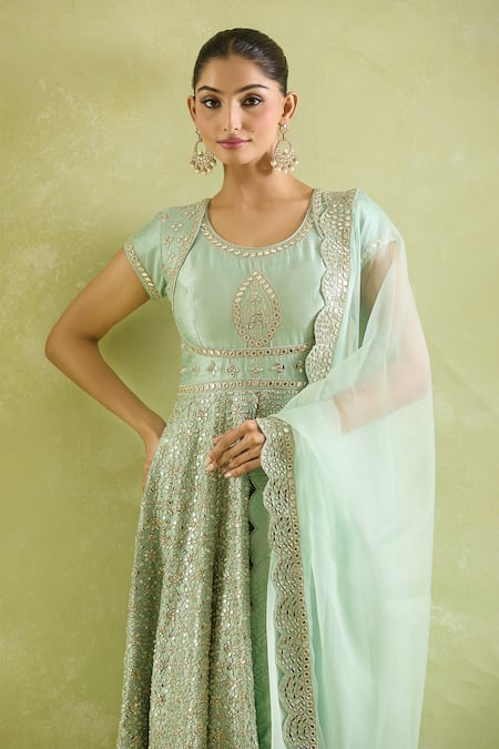 Buy_SUHINO_Aqua Organza, Georgette, Silk Mirrors Round Neck Bloom Jaal Anarkali Sharara Set _Online_at_Aza_Fashions