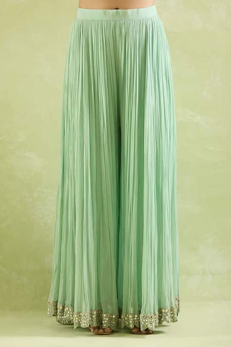 Shop_SUHINO_Aqua Organza, Georgette, Silk Mirrors Round Neck Bloom Jaal Anarkali Sharara Set _Online_at_Aza_Fashions