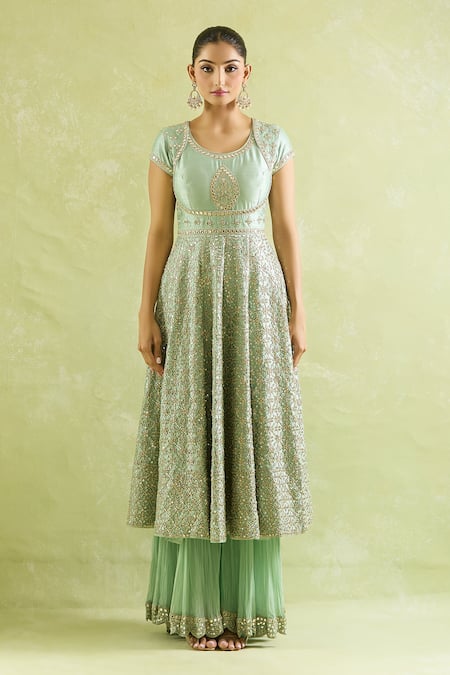 SUHINO_Aqua Organza, Georgette, Silk Mirrors Round Neck Bloom Jaal Anarkali Sharara Set _at_Aza_Fashions