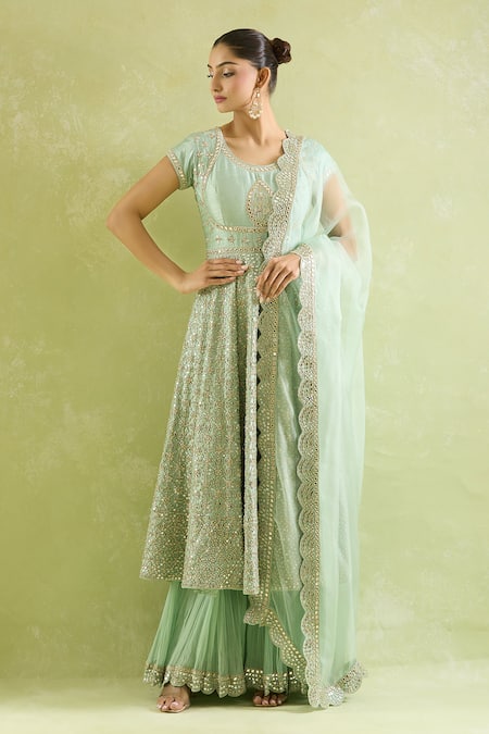 Buy_SUHINO_Aqua Organza, Georgette, Silk Mirrors Round Neck Bloom Jaal Anarkali Sharara Set 