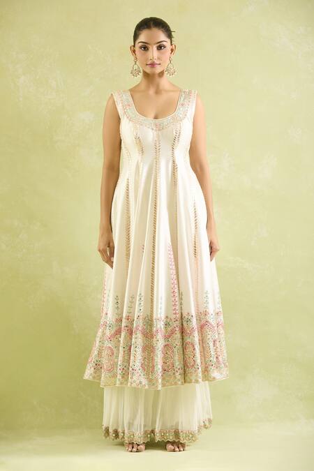 Shop_SUHINO_White Organza, Georgette, Silk Embroidery, Mirrors Bloom Vine Anarkali Set _Online_at_Aza_Fashions