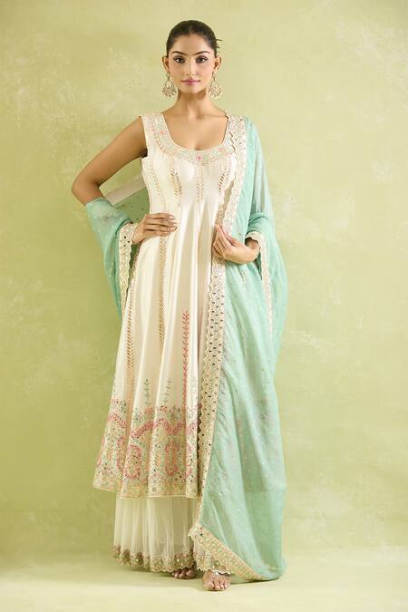 SUHINO_White Organza, Georgette, Silk Embroidery, Mirrors Bloom Vine Anarkali Set _at_Aza_Fashions