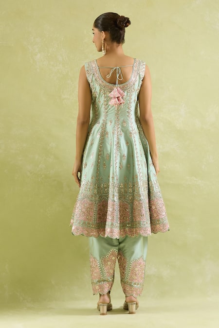 Shop SUHINO Green Organza, Cotton, Taffeta Mirrors, Embroidery Round Flora Art Anarkali Set at Aza Fashions Shop_SUHINO_Green Organza, Cotton, Taffeta Mirrors, Embroidery Round Flora Art Anarkali Set_at_Aza_Fashions