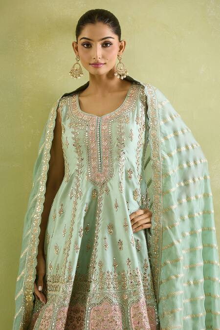 SUHINO Green Organza, Cotton, Taffeta Mirrors, Embroidery Round Flora Art Anarkali Set Online at Aza Fashions SUHINO_Green Organza, Cotton, Taffeta Mirrors, Embroidery Round Flora Art Anarkali Set_Online_at_Aza_Fashions