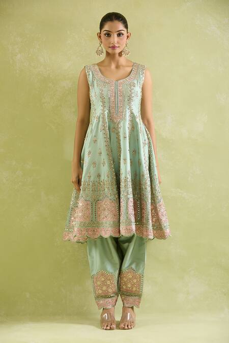 Buy SUHINO Green Organza, Cotton, Taffeta Mirrors, Embroidery Round Flora Art Anarkali Set Online at Aza Fashions Buy_SUHINO_Green Organza, Cotton, Taffeta Mirrors, Embroidery Round Flora Art Anarkali Set_Online_at_Aza_Fashions