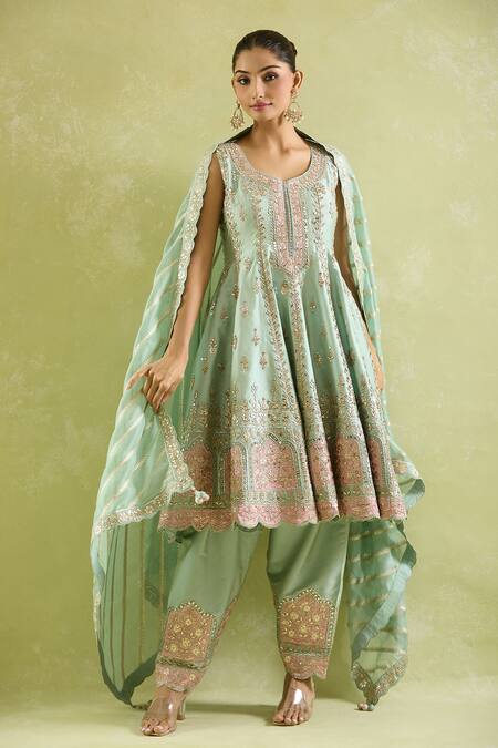 SUHINO Green Organza, Cotton, Taffeta Mirrors, Embroidery Round Flora Art Anarkali Set at Aza Fashions SUHINO_Green Organza, Cotton, Taffeta Mirrors, Embroidery Round Flora Art Anarkali Set_at_Aza_Fashions