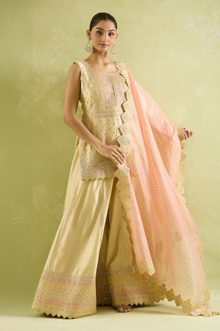 SUHINO Yellow Silk, Organza, Chiffon Mirrors, Zari, Embroidery Bloom Art Kurta Set Online at Aza Fashions SUHINO_Yellow Silk, Organza, Chiffon Mirrors, Zari, Embroidery Bloom Art Kurta Set_Online_at_Aza_Fashions