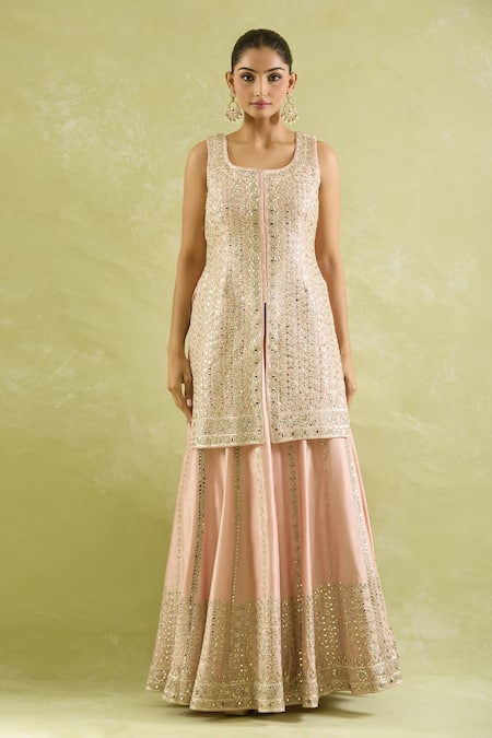 SUHINO_Peach Silk, Organza Mirrors, Sequins Round Neck And Embroidered Kurta Set _Online_at_Aza_Fashions