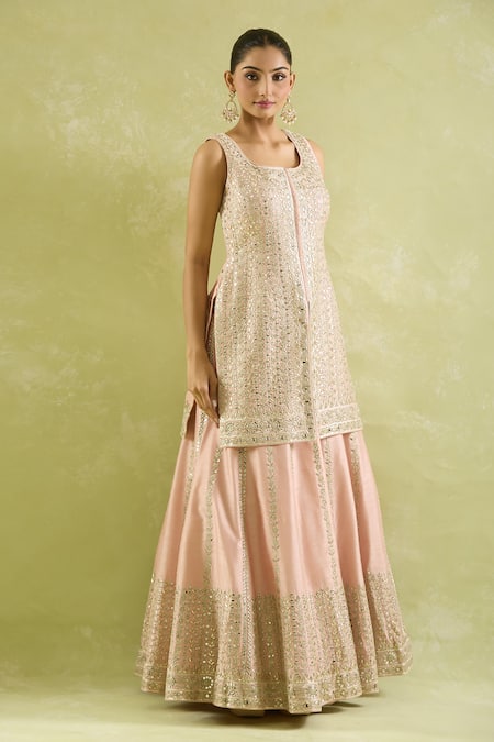 Buy_SUHINO_Peach Silk, Organza Mirrors, Sequins Round Neck And Embroidered Kurta Set _Online_at_Aza_Fashions