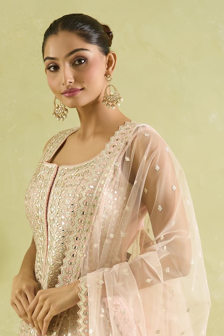 SUHINO_Peach Silk, Organza Mirrors, Sequins Round Neck And Embroidered Kurta Set _at_Aza_Fashions