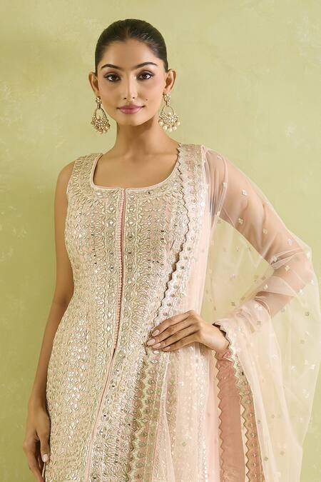 Buy_SUHINO_Peach Silk, Organza Mirrors, Sequins Round Neck And Embroidered Kurta Set 