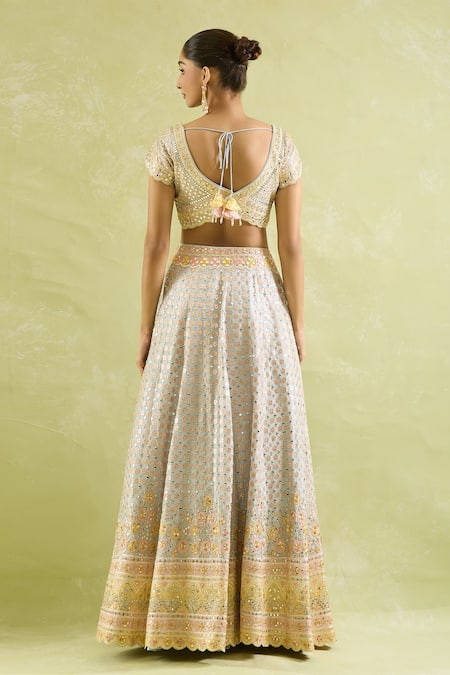 Shop_SUHINO_Blue Tissue, Organza Mirrors, Embroidery V-neck And Resham Lehenga Set _at_Aza_Fashions