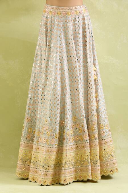 SUHINO_Blue Tissue, Organza Mirrors, Embroidery V-neck And Resham Lehenga Set _Online_at_Aza_Fashions