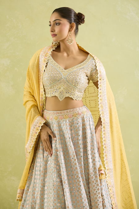 Buy_SUHINO_Blue Tissue, Organza Mirrors, Embroidery V-neck And Resham Lehenga Set _Online_at_Aza_Fashions
