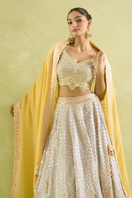 Shop_SUHINO_Blue Tissue, Organza Mirrors, Embroidery V-neck And Resham Lehenga Set _Online_at_Aza_Fashions