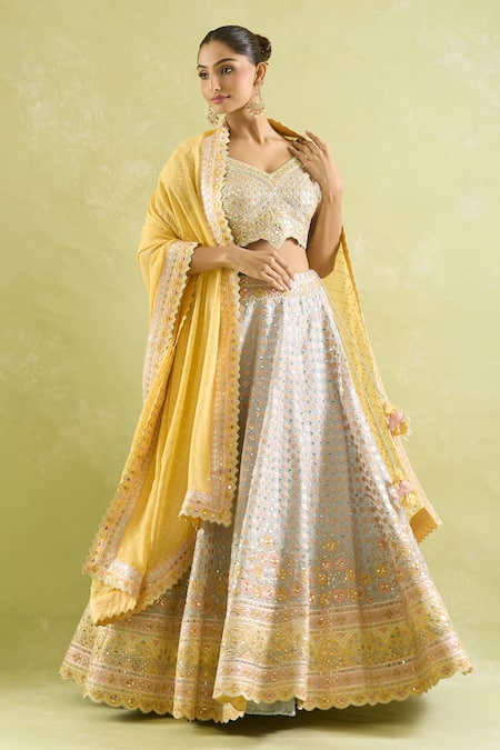 SUHINO_Blue Tissue, Organza Mirrors, Embroidery V-neck And Resham Lehenga Set _at_Aza_Fashions