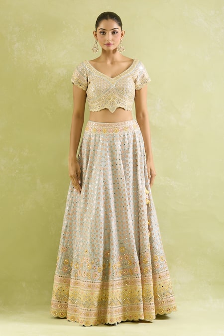 Buy_SUHINO_Blue Tissue, Organza Mirrors, Embroidery V-neck And Resham Lehenga Set 