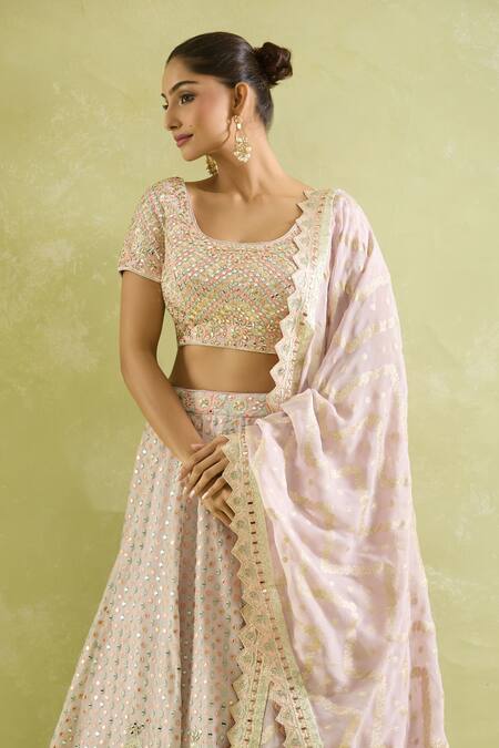 Shop SUHINO Purple Tissue, Organza Mirrors, Embroidery Lavender And Resham Lehenga Set Online at Aza Fashions Shop_SUHINO_Purple Tissue, Organza Mirrors, Embroidery Lavender And Resham Lehenga Set _Online_at_Aza_Fashions