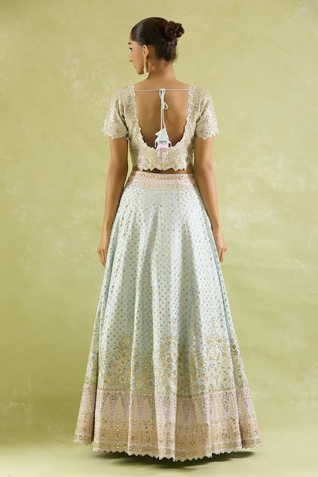 Shop SUHINO Blue Silk, Organza Mirrors, Embroidery Round Neck Resham And Lehenga Set at Aza Fashions Shop_SUHINO_Blue Silk, Organza Mirrors, Embroidery Round Neck Resham And Lehenga Set _at_Aza_Fashions