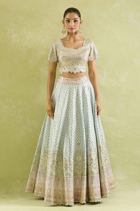 SUHINO Blue Silk, Organza Mirrors, Embroidery Round Neck Resham And Lehenga Set Online at Aza Fashions SUHINO_Blue Silk, Organza Mirrors, Embroidery Round Neck Resham And Lehenga Set _Online_at_Aza_Fashions