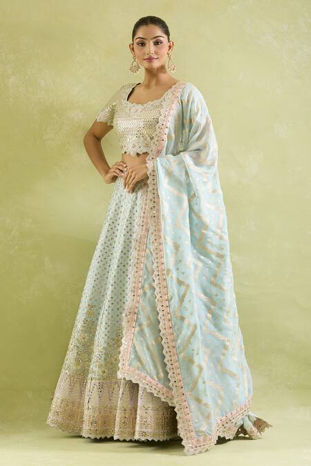 Shop SUHINO Blue Silk, Organza Mirrors, Embroidery Round Neck Resham And Lehenga Set Online at Aza Fashions Shop_SUHINO_Blue Silk, Organza Mirrors, Embroidery Round Neck Resham And Lehenga Set _Online_at_Aza_Fashions