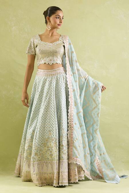 SUHINO Blue Silk, Organza Mirrors, Embroidery Round Neck Resham And Lehenga Set at Aza Fashions SUHINO_Blue Silk, Organza Mirrors, Embroidery Round Neck Resham And Lehenga Set _at_Aza_Fashions