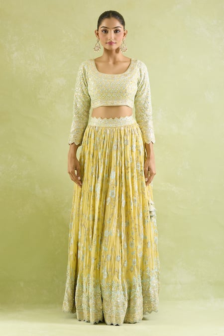 Buy_SUHINO_Yellow Chiffon, Organza Embroidery, Mirrors Round Neck And Resham Lehenga Set _Online_at_Aza_Fashions
