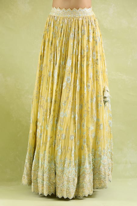 Shop_SUHINO_Yellow Chiffon, Organza Embroidery, Mirrors Round Neck And Resham Lehenga Set _Online_at_Aza_Fashions