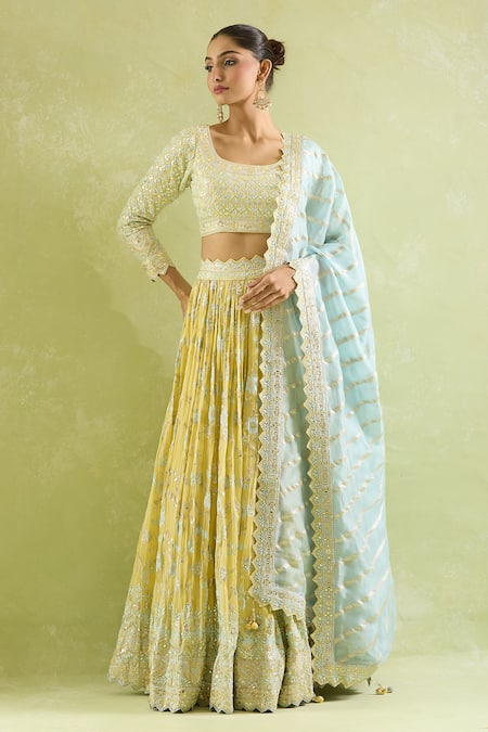 SUHINO_Yellow Chiffon, Organza Embroidery, Mirrors Round Neck And Resham Lehenga Set _at_Aza_Fashions