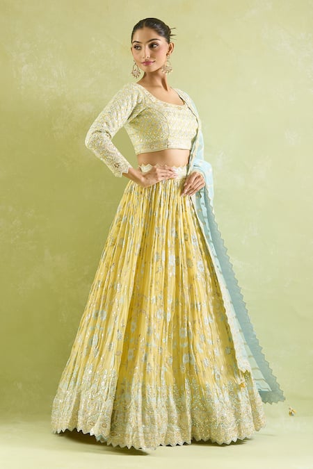 Buy_SUHINO_Yellow Chiffon, Organza Embroidery, Mirrors Round Neck And Resham Lehenga Set 