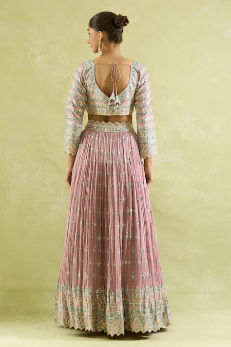 Shop_SUHINO_Purple Chiffon, Organza Embroidery, Mirrors Keyhole Neck And Resham Lehenga Set _at_Aza_Fashions