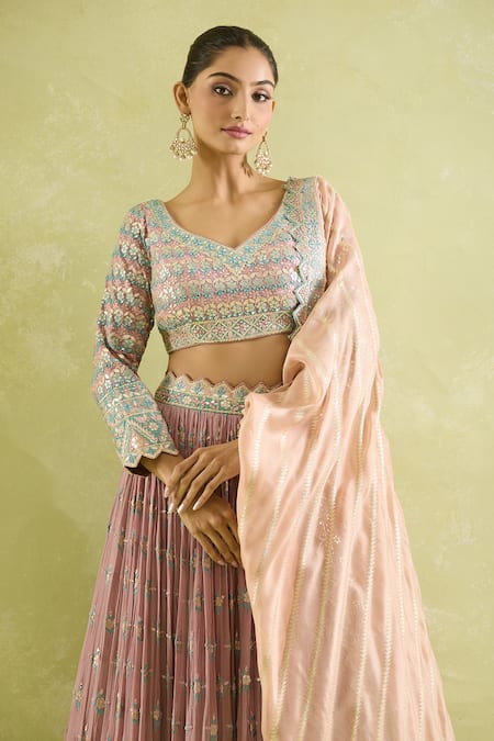 SUHINO_Purple Chiffon, Organza Embroidery, Mirrors Keyhole Neck And Resham Lehenga Set _Online_at_Aza_Fashions