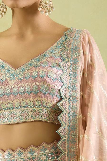 Buy_SUHINO_Purple Chiffon, Organza Embroidery, Mirrors Keyhole Neck And Resham Lehenga Set _Online_at_Aza_Fashions