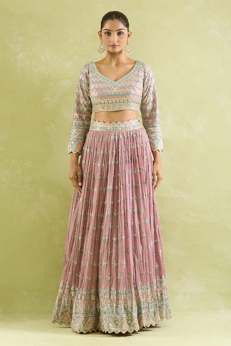 Shop_SUHINO_Purple Chiffon, Organza Embroidery, Mirrors Keyhole Neck And Resham Lehenga Set _Online_at_Aza_Fashions