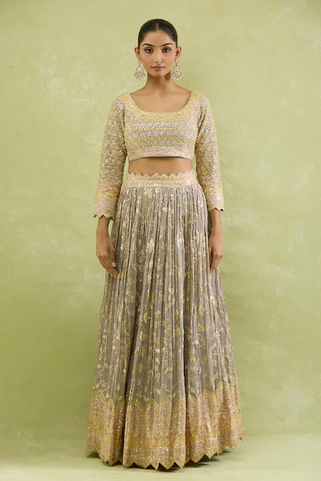SUHINO Gray Organza, Chiffon Mirrors, Embroidery Round Grey Lehenga Set With Dupatta Online at Aza Fashions SUHINO_Gray Organza, Chiffon Mirrors, Embroidery Round Grey Lehenga Set With Dupatta _Online_at_Aza_Fashions