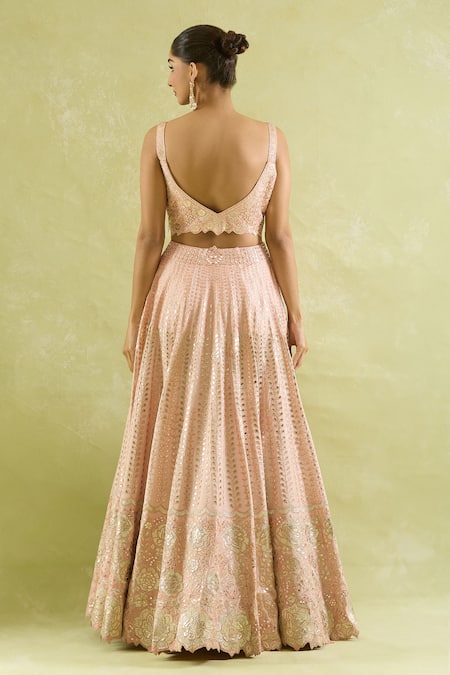 Shop SUHINO Peach Silk, Organza Mirrors, Embroidery Square Neck Resham And Lehenga Set at Aza Fashions Shop_SUHINO_Peach Silk, Organza Mirrors, Embroidery Square Neck Resham And Lehenga Set_at_Aza_Fashions