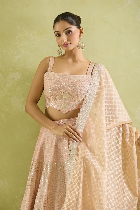 SUHINO Peach Silk, Organza Mirrors, Embroidery Square Neck Resham And Lehenga Set Online at Aza Fashions SUHINO_Peach Silk, Organza Mirrors, Embroidery Square Neck Resham And Lehenga Set_Online_at_Aza_Fashions